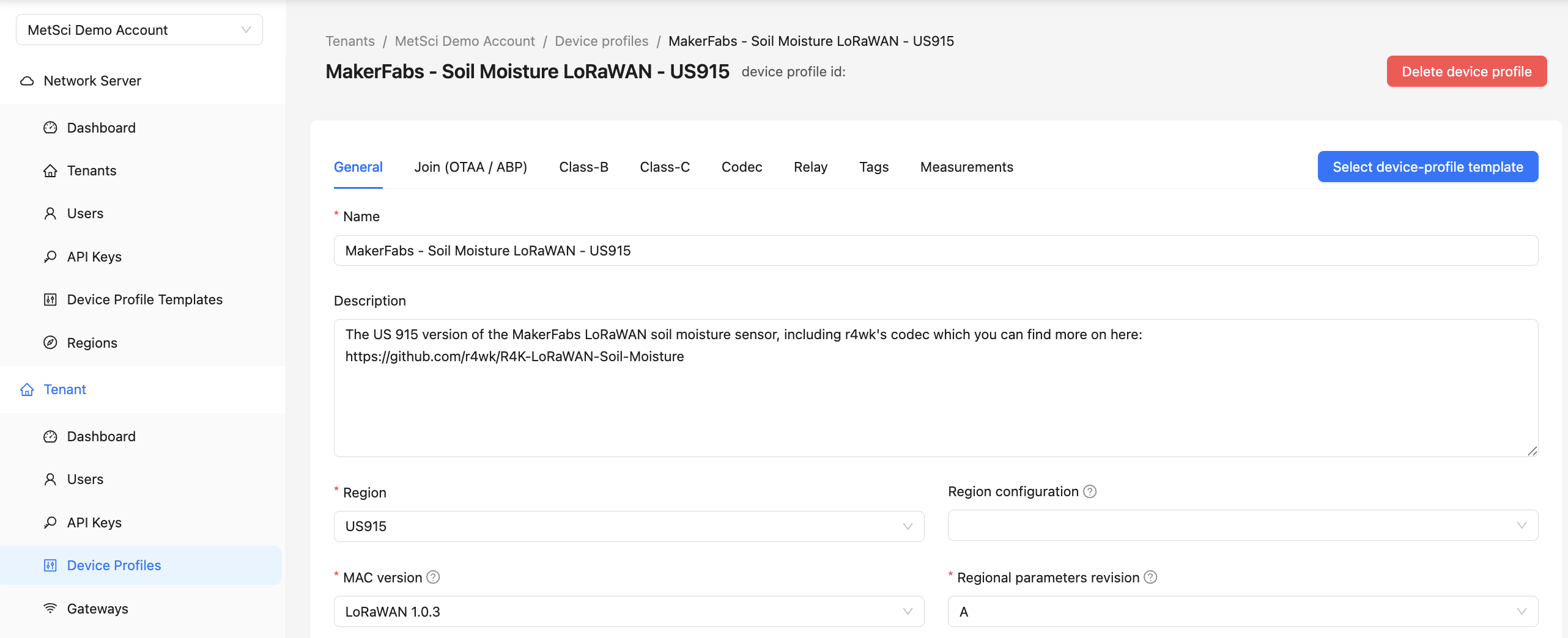 MakerFabs Soil Moisture LoRaWAN device profile configuration screen