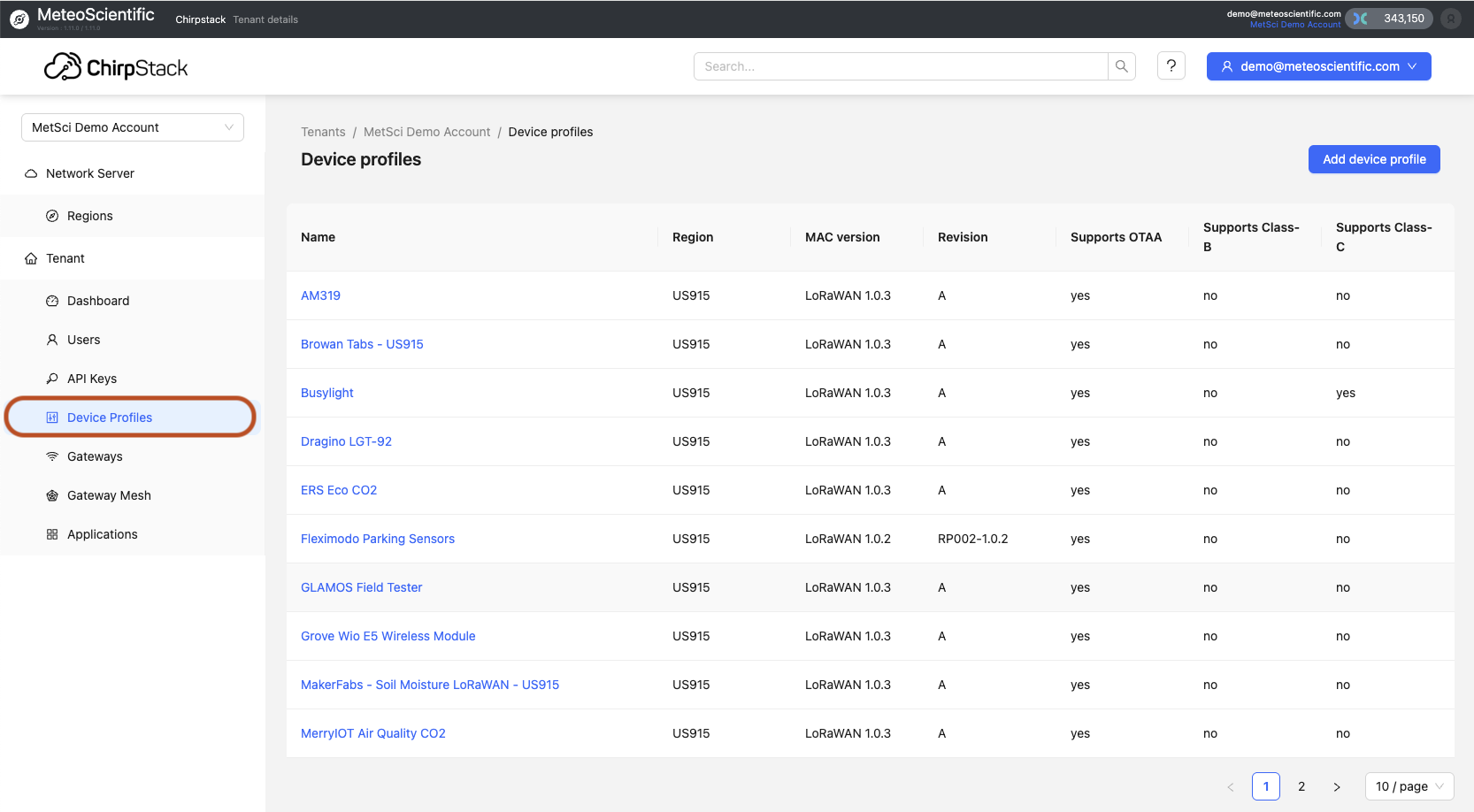 Manage device profiles in the MeteoScientific Chirpstack LNS