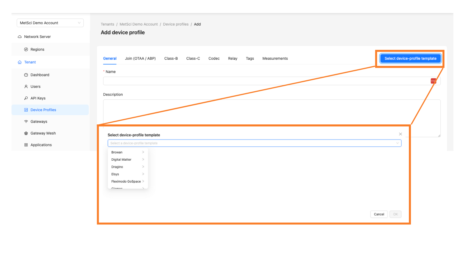 Adding a pre-loaded Device Profile Template in the Chirpstack MeteoScientific LNS