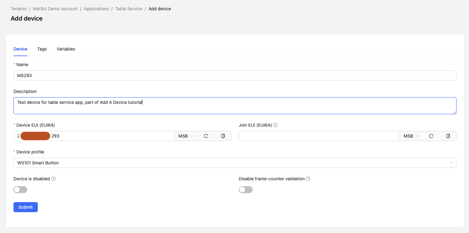 Device details configuration page showing name and description fields
