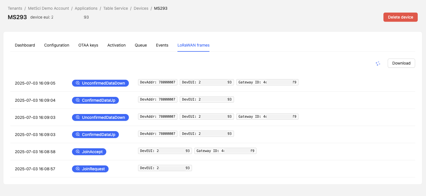LoRaWAN frames showing successful join request and accept messages
