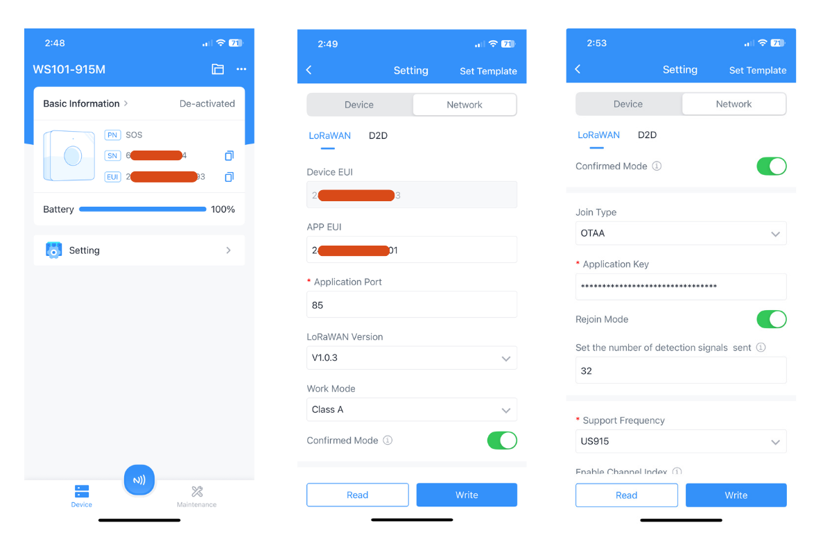 Milesight WS101 SOS configuration screens in the NFC setup app