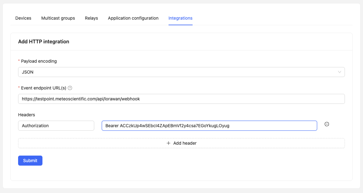 When your http integration is filled in in the MeteoScientific Chirpstack, it'll look like this.