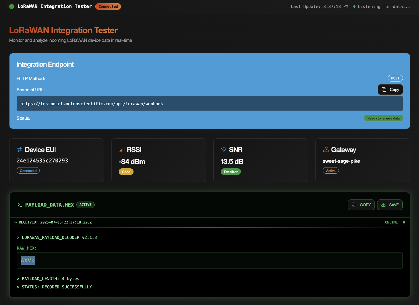 When your integration is working, you'll see the DEVEUI, RSSI, SNR, and Gateway along with the payload and payload length.