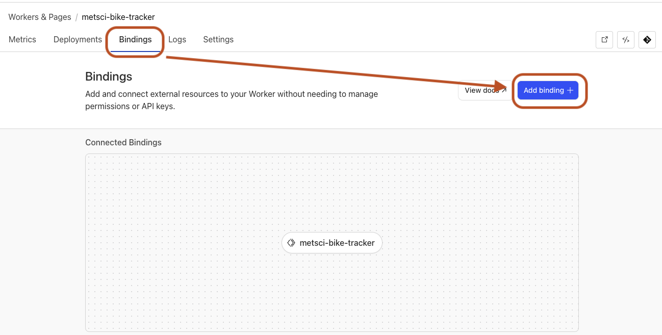 Cloudflare Worker bindings interface showing the Add binding button