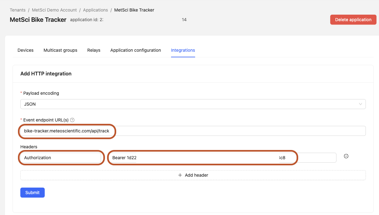 HTTP integration setup showing route configuration and authorization header setup