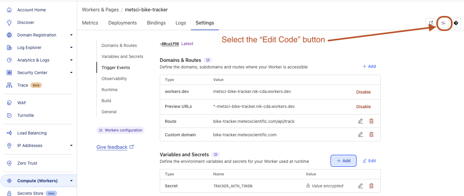 Cloudflare Worker interface showing the Edit Code button