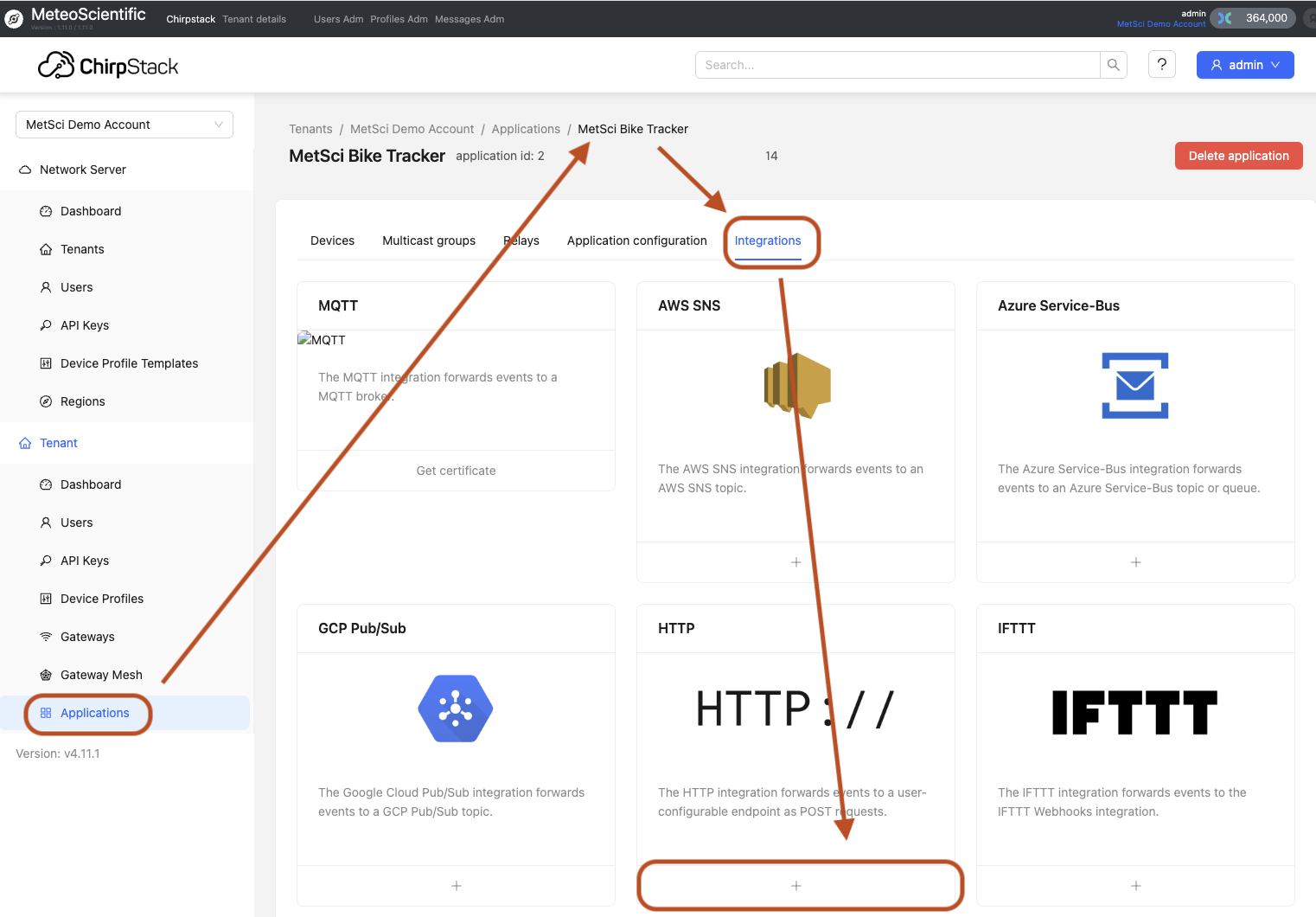 MeteoScientific Console showing application integrations with HTTP integration option