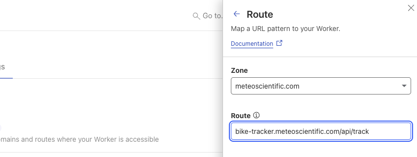 Cloudflare Worker route creation interface showing custom route setup