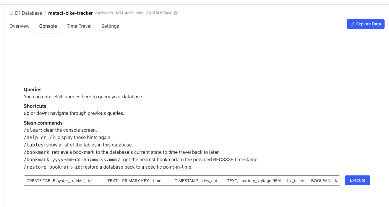 D1 database console showing CREATE TABLE command for oyster_tracks table