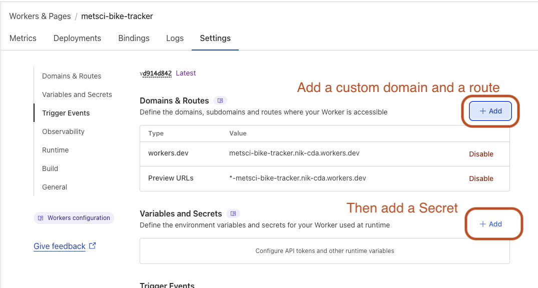 Cloudflare Worker settings showing Domains & Routes and Variables & Secrets sections