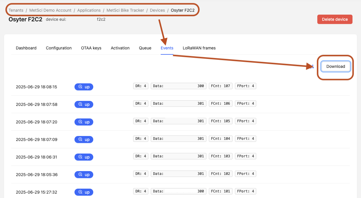MeteoScientific Console device events interface showing download option for multiple event logs
