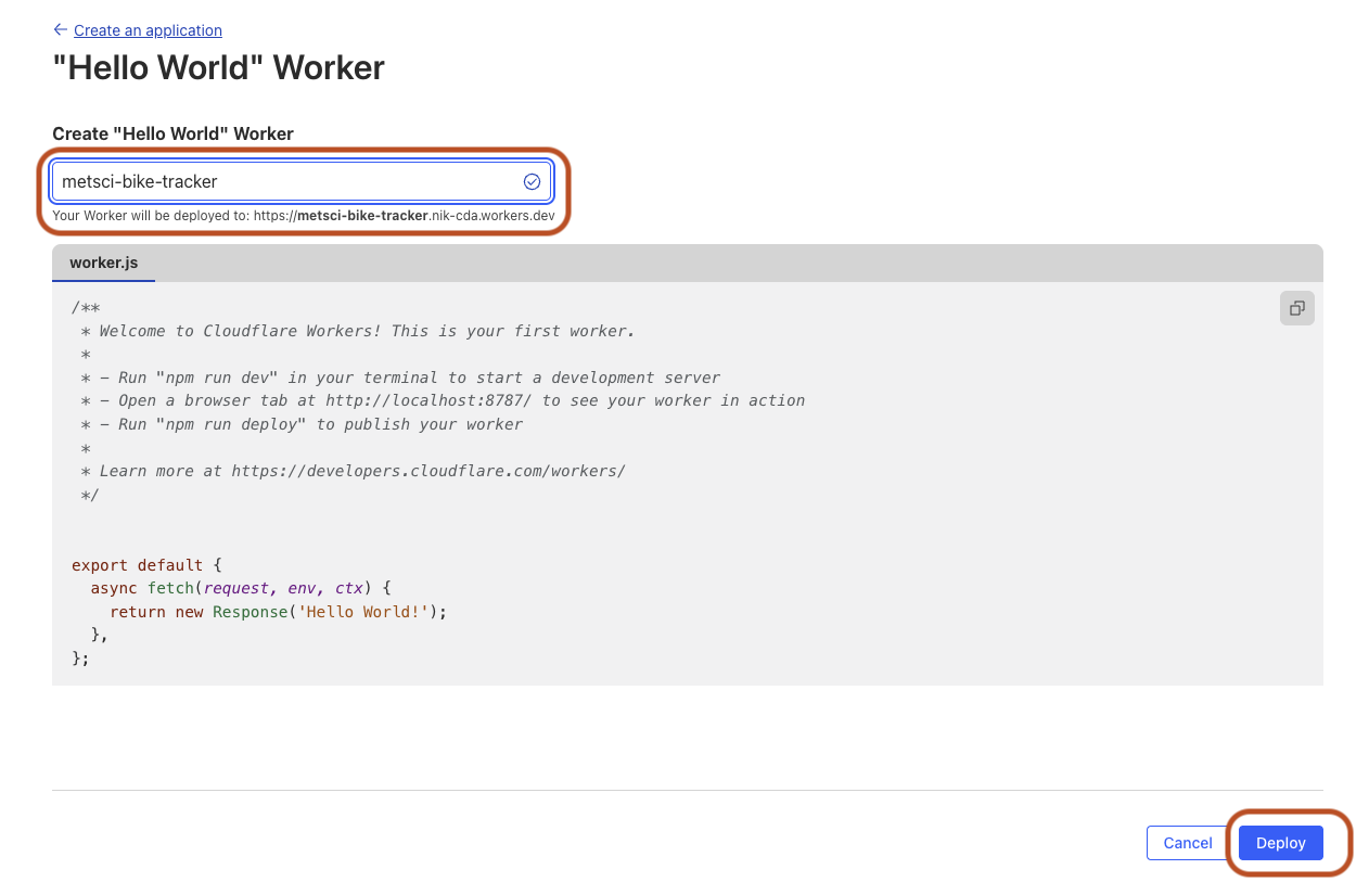 Worker naming interface showing metsci-bike-tracker worker name and Deploy button