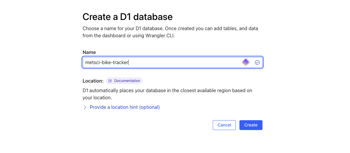 Database naming interface showing metsci-bike-tracker database name input