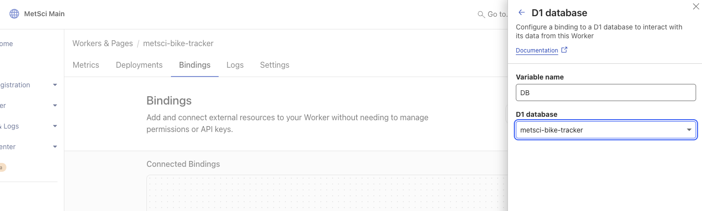 D1 database binding configuration showing DB variable name and database selection