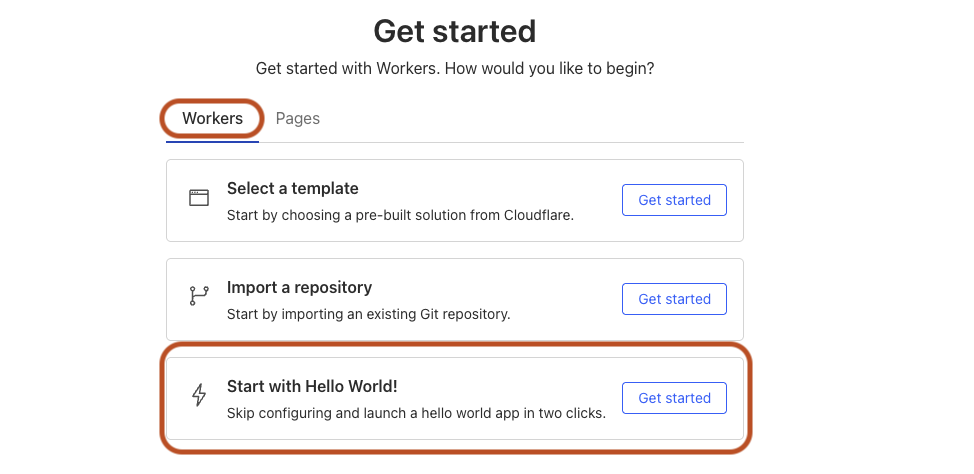 Cloudflare Worker creation interface showing Hello World starter template option